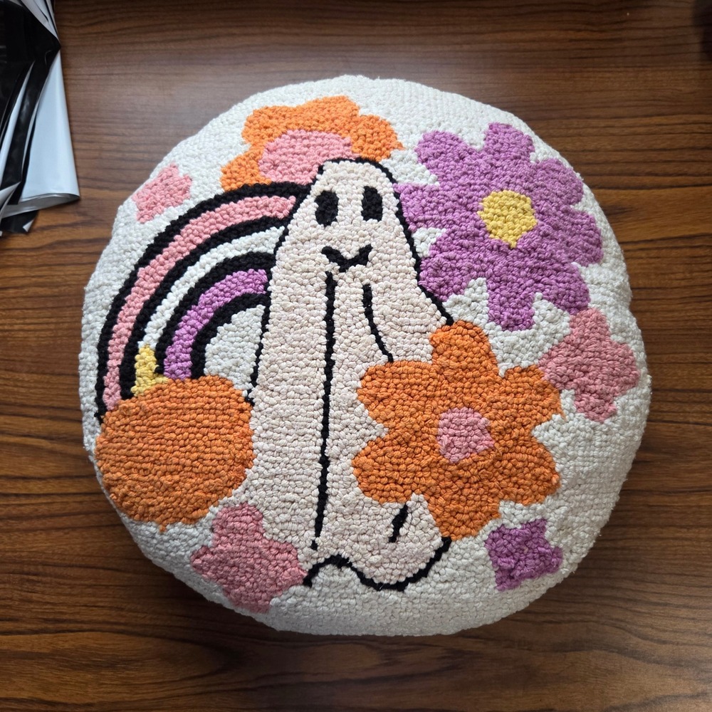 Cupcakes and Cashmere Ghost Flower Rainbow Tufted Round Decorative Pillow